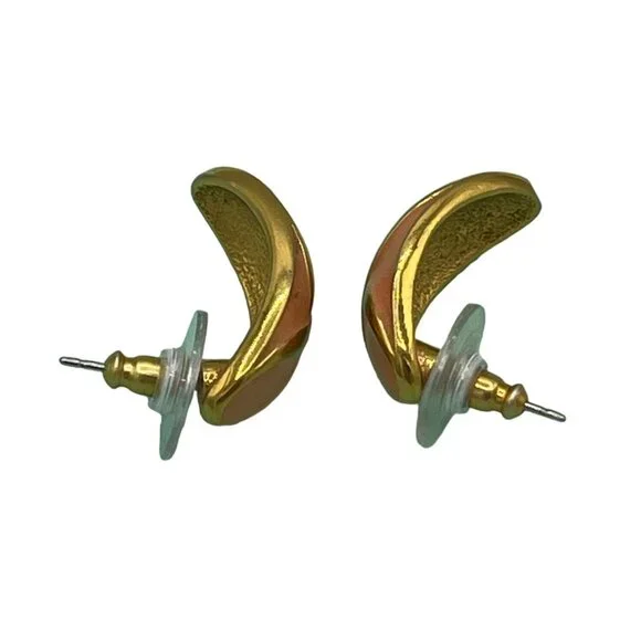 Vintage 1980s Gold Tone Coral Colored Enamel Pierced Earrings - Picture 8 of 8